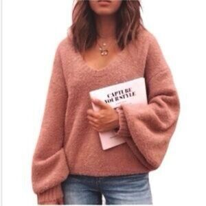 Kaisley Rose Brown Cozy Boatneck Oversized Relaxed Fit Fleece Sweater Top - Med